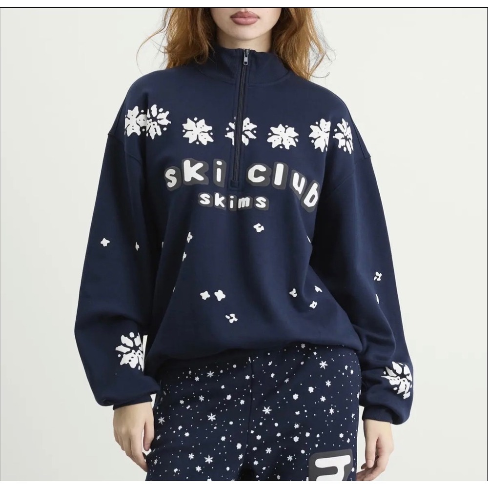 Skims x CPFM Cotton Fleece Quarter Zip Navy Ski Club Print Small NWOT